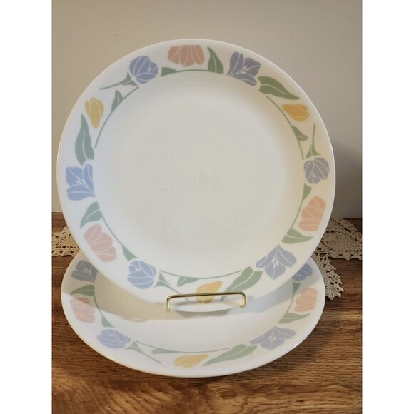 2- Corelle Friendship 10.25" Dinner Plates, Tulip Flower Rim Vintage - Picture 8 of 8